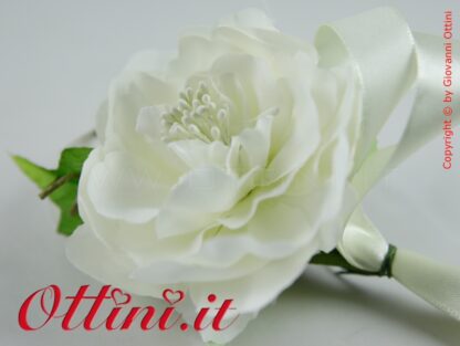 Composizione per confezione bomboniera con racchette Portaconfetti - Pick Portaconfetti con Fiore Ortensia Panna