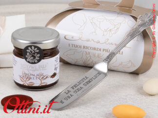 25081C Claraluna - Bomboniera Gastronomica Vasetto Crema Nocciola con coltellino per spalmare. Ideale per Matrimonio, cresima, comunione. Completa di tutto