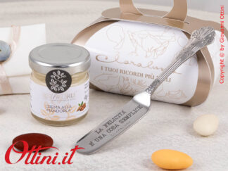 25082C Claraluna - Bomboniera Gastronomica Vasetto Crema Mandorla con coltellino per spalmare. Ideale per Matrimonio, cresima, comunione. Completa di tutto