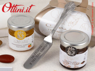 25085C Claraluna - Bomboniera Gastronomica Vasetto di Marmellata al Mandarino + Crema Nocciola con coltellino per spalmare. Ideale per Matrimonio.