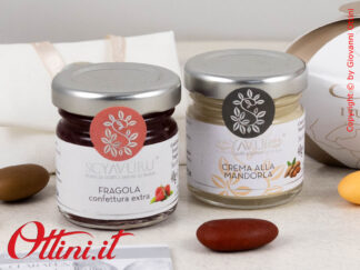 25086 Claraluna - Bomboniera Gastronomica Vasetto di Marmellata alla fragola + Crema alla mandorla. Ideale come bomboniera per Matrimonio comunione cresima