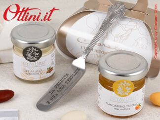 25087C Claraluna - Bomboniera Gastronomica Vasetto di Marmellata al Mandarino + Crema Mandorla con coltellino per spalmare. Ideale per Matrimonio.