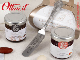 25091C Claraluna - Bomboniera Gastronomica Vasetto di Marmellata alla Fragola + Crema alla Nocciola e coltellino per spalmare. Bomboniera Matrimonio.