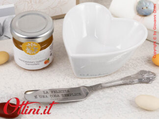 25095C Claraluna - Bomboniera Gastronomica Ciotolina Cuore con Marmellata al Mandarino e coltellino. Ideale come bomboniera per Matrimonio comunione cresima