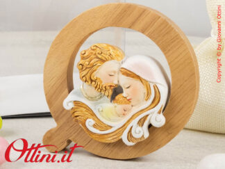 02A442 - L'icona Sacra Famiglia è realizzata in gesso e incastonata in una cornice vi legno massello, completa di supporto e tutto il il kit di confezione.